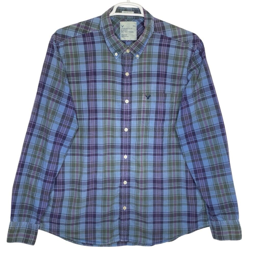 American Eagle Athletic Fit Plaid Shirt Blue Button Down Men's XXL Grunge Y2K